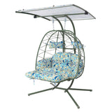 2-Person Wicker Hanging Egg Chair with Adjustable Canopy & Footrest, Double Patio Swing Chair with Stand, 660LBS Capacity Indoor Outdoor Hammock Chair with Cushions for Balcony, Garden, Backyard