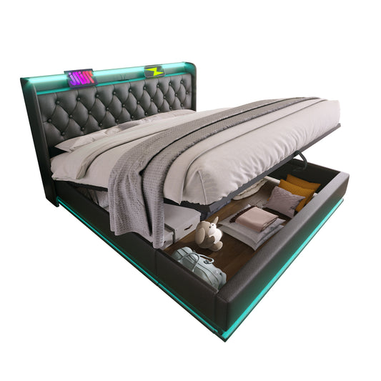 Full size Upholstered bed, 360 surround LED function, Buttons/Apps/Remote Control, hydraulic storage bed with USB Type-C charging, Black, PU (Without mattress)
