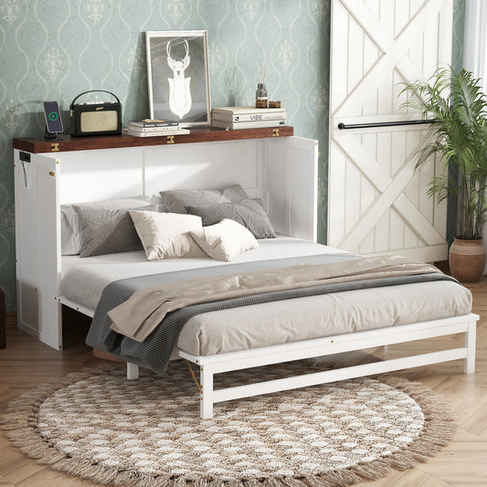 Murphy Bed Cabinet Queen with Storage Drawer and Charging Station, USB Port, Solid Pine Murphy Bedframe for Home Office, Studio or Guest Room,White-walnut