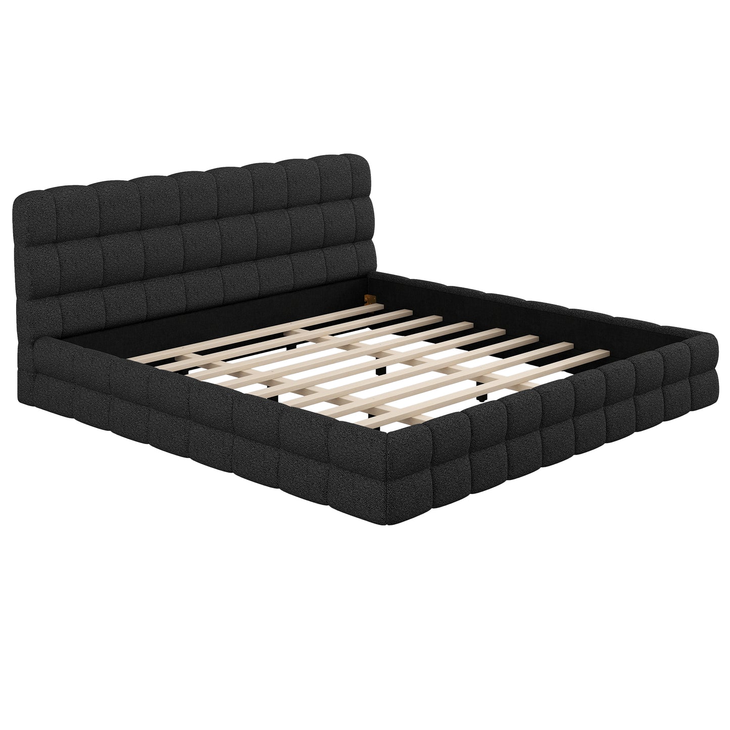 Black Upholstered Platform Bed, King Size with Sturdy Wood Frame and Foam Headboard