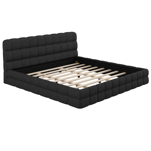 Black Upholstered Platform Bed, King Size with Sturdy Wood Frame and Foam Headboard