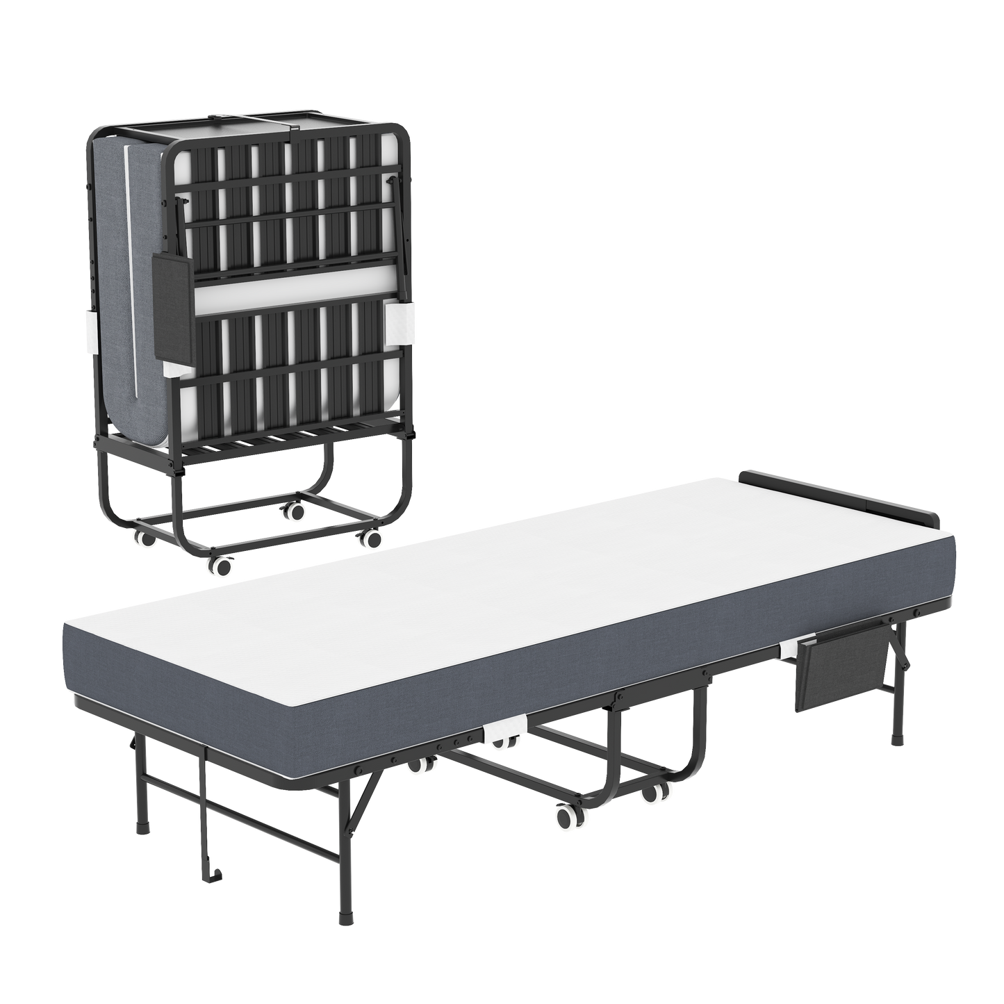 75' Folding Bed with Adjustable Headboard & 5' Memory Foam, Space Saving Rollaway Guest Bed for Tall People, Portable Twin Cot on Wheels, Easy Assembly