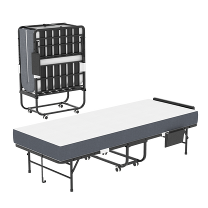 75' Folding Bed with Adjustable Headboard & 5' Memory Foam, Space Saving Rollaway Guest Bed for Tall People, Portable Twin Cot on Wheels, Easy Assembly