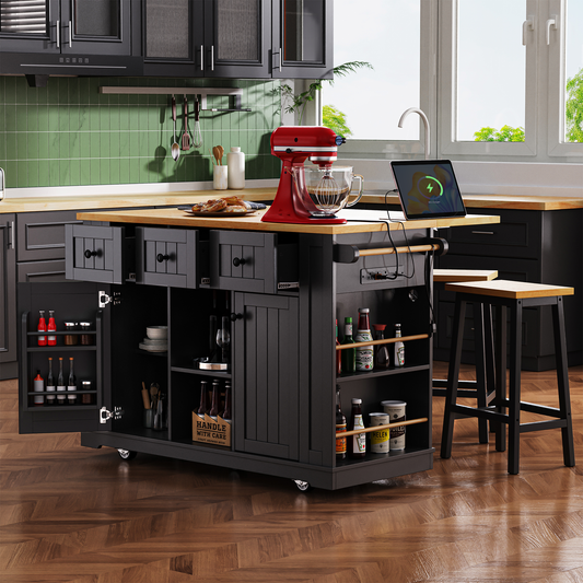 K&K 53inch Large Kitchen Island with 2 Bar Stools, Power Outlet,Door Internal Storage Rack, Kitchen Storage Cart on 5 Wheels with Drop Leaf, 5 Open Side Racks, 3 Drawers,Black (Three Packages)