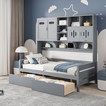 Twin Size Wooden Daybed With 2 Drawers, and All-in-One Cabinet and Shelf, Gray
