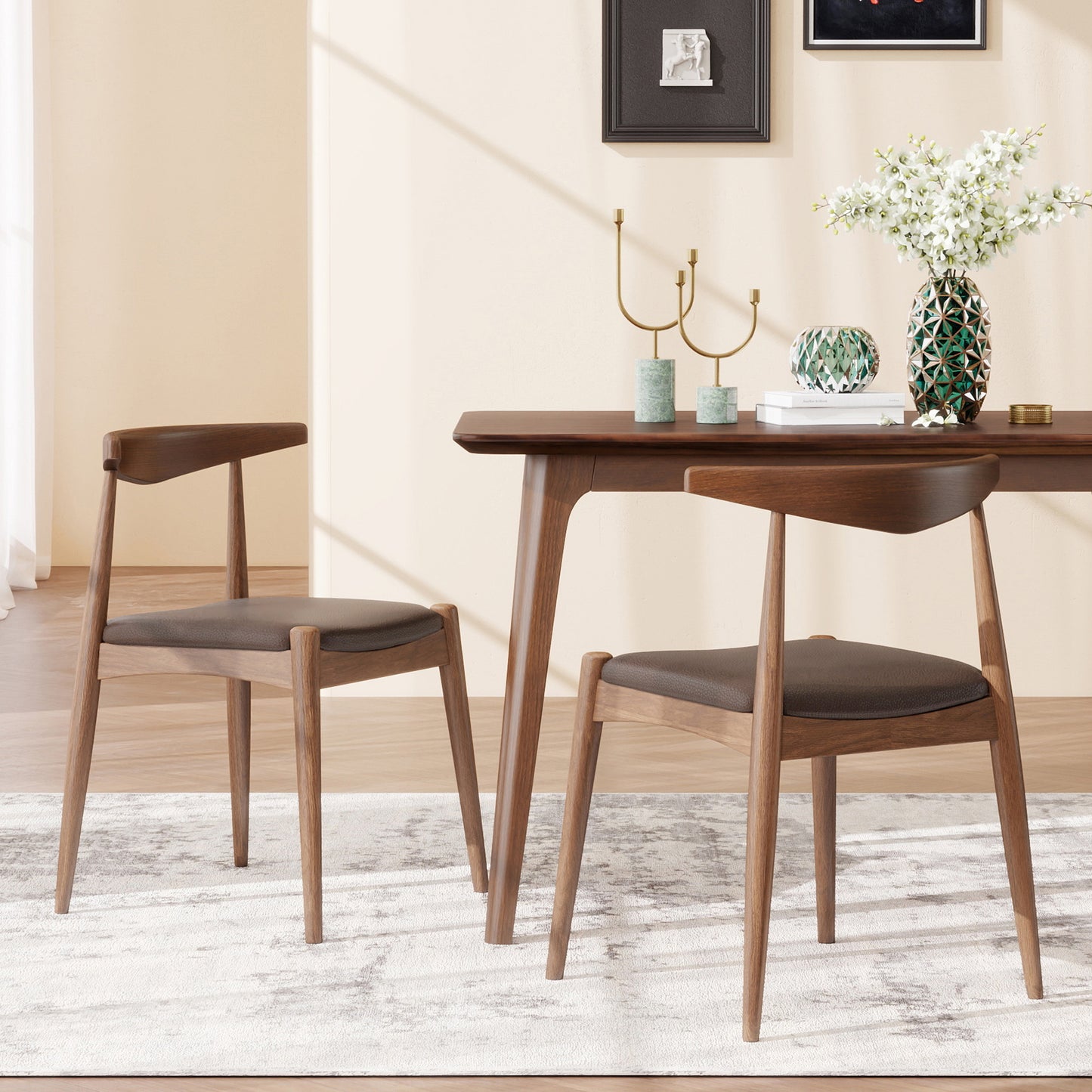 [Video] Set of 2 Rubberwood Dining Chairs, Ergonomic Backrest & Faux Leather Upholstery, Walnut+Brown