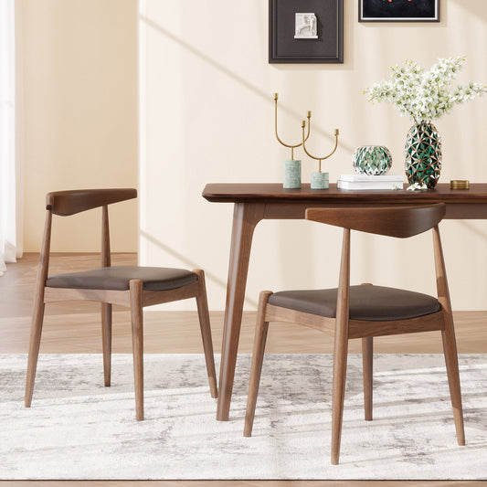 [Video] Set of 2 Rubberwood Dining Chairs, Ergonomic Backrest & Faux Leather Upholstery, Walnut+Brown
