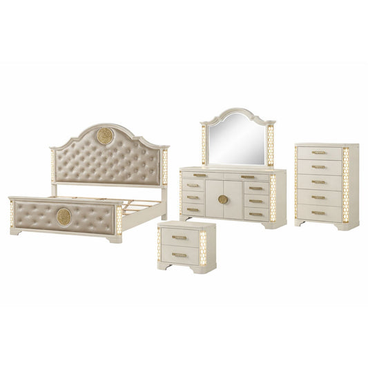 Jasmine Queen 5 Pc LED Bedroom Set in Beige made with Wood and Gold Accents