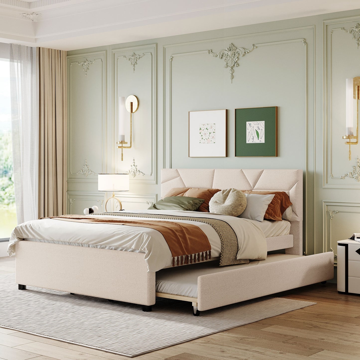 Queen Size Upholstered Platform Bed with Brick Pattern Headboard and Twin XL Size Trundle, Linen Fabric, Beige(OLD SKU: SF000004AAA)