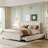Queen Size Upholstered Platform Bed with Brick Pattern Headboard and Twin XL Size Trundle, Linen Fabric, Beige(OLD SKU: SF000004AAA)
