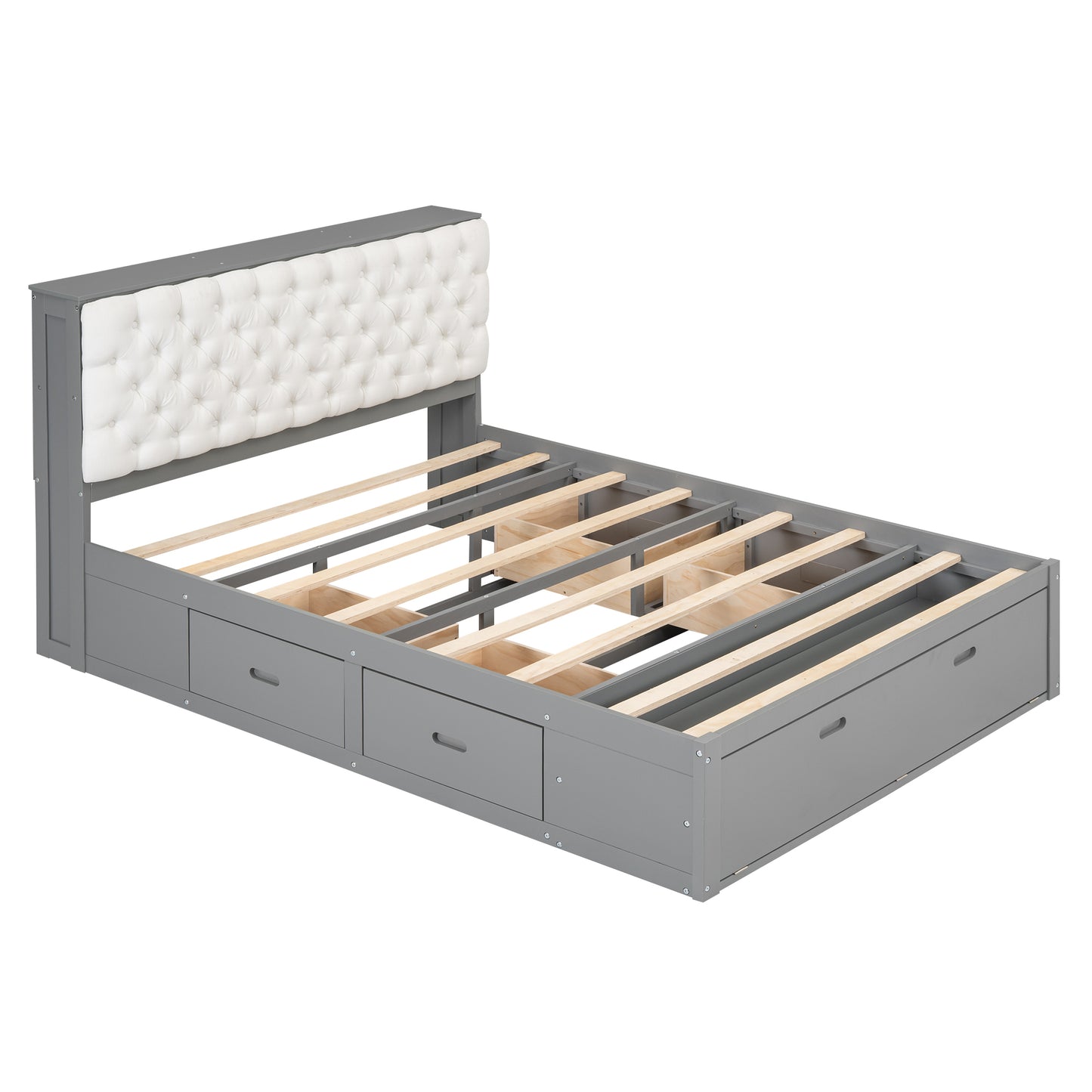Wood Queen Size Platform Bed with Storage Headboard, Shoe Rack and 4 Drawers in Gray, Solid Pine Wood+MDF