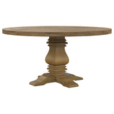 Rhea Rustic Honey Round Wood Dining Table: Solid Pine and Mahogany, Weathered Finish, 59.75in Diameter, Rustic Smoke Color