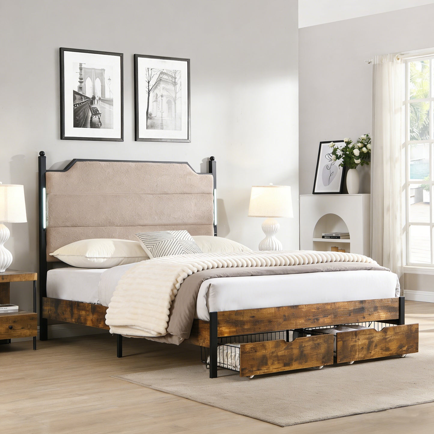 Queen Bed Frame , Upholstered headboard with Charging and Touch sensitive LED Lights, Under Bed Storage,2 Drawers, No Box Spring Needed,Noise Free