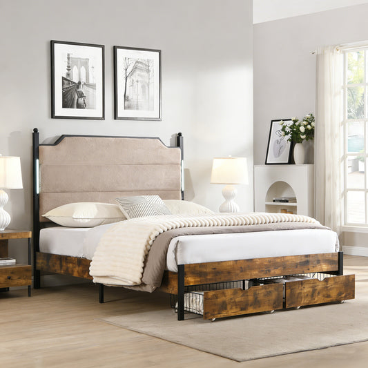 Queen Bed Frame , Upholstered headboard with Charging and Touch sensitive LED Lights, Under Bed Storage,2 Drawers, No Box Spring Needed,Noise Free