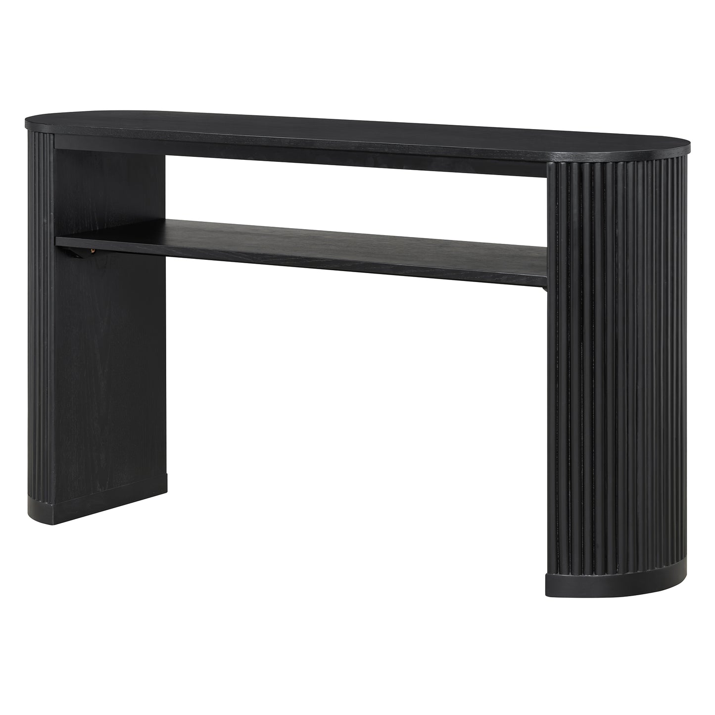 TREXM Rustic Console Table with Fluted Legs - Farmhouse Entryway Sofa Table, Vintage Oval Hallway Accent Table with Ash Veneer Top and Glaze Finish, Open Shelf, Black