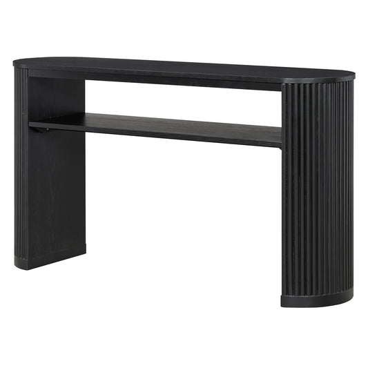 TREXM Rustic Console Table with Fluted Legs - Farmhouse Entryway Sofa Table, Vintage Oval Hallway Accent Table with Ash Veneer Top and Glaze Finish, Open Shelf, Black