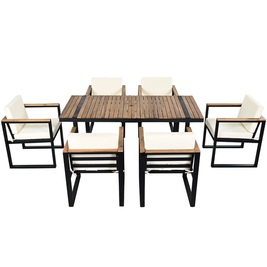 Contemporary Outdoor Dining Set with Removable Cushions, Beige, Acacia Wood and Steel Frame
