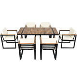 Contemporary Outdoor Dining Set with Removable Cushions, Beige, Acacia Wood and Steel Frame