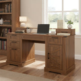 59' Farmhouse Office Desk With  Charging Station & Storage Cabinet, Barn Door Design Home Study Desk with File Drawer, Monitor Stand and Keyboard Tray for Office, Study, Living Room, Dark Walnut