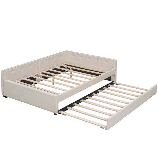 Elegant Upholstered Full Size Platform Bed with USB Ports and Twin Size Trundle, Beige Linen