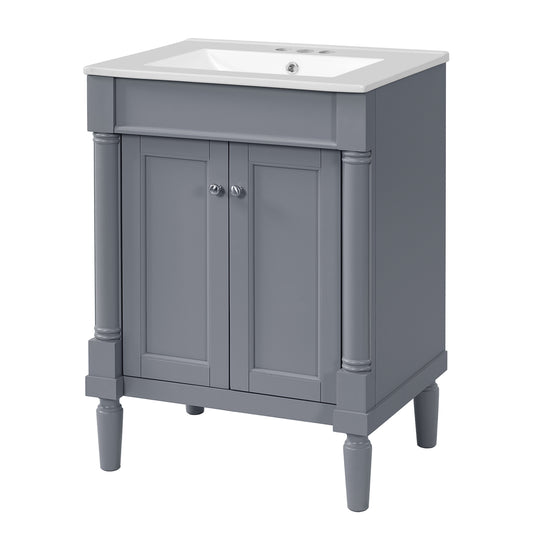 Modern 24'' Bathroom Vanity with Top Sink, 2-Tier Storage Cabinet in Grey, Ceramic Basin on Solid Wood Frame with MDF Construction