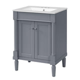 Modern 24'' Bathroom Vanity with Top Sink, 2-Tier Storage Cabinet in Grey, Ceramic Basin on Solid Wood Frame with MDF Construction