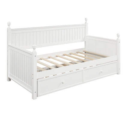 Twin Size Wood Daybed with Trundle, Dual-Use Sofa Bed, White, Pine Wood, 80.5'L