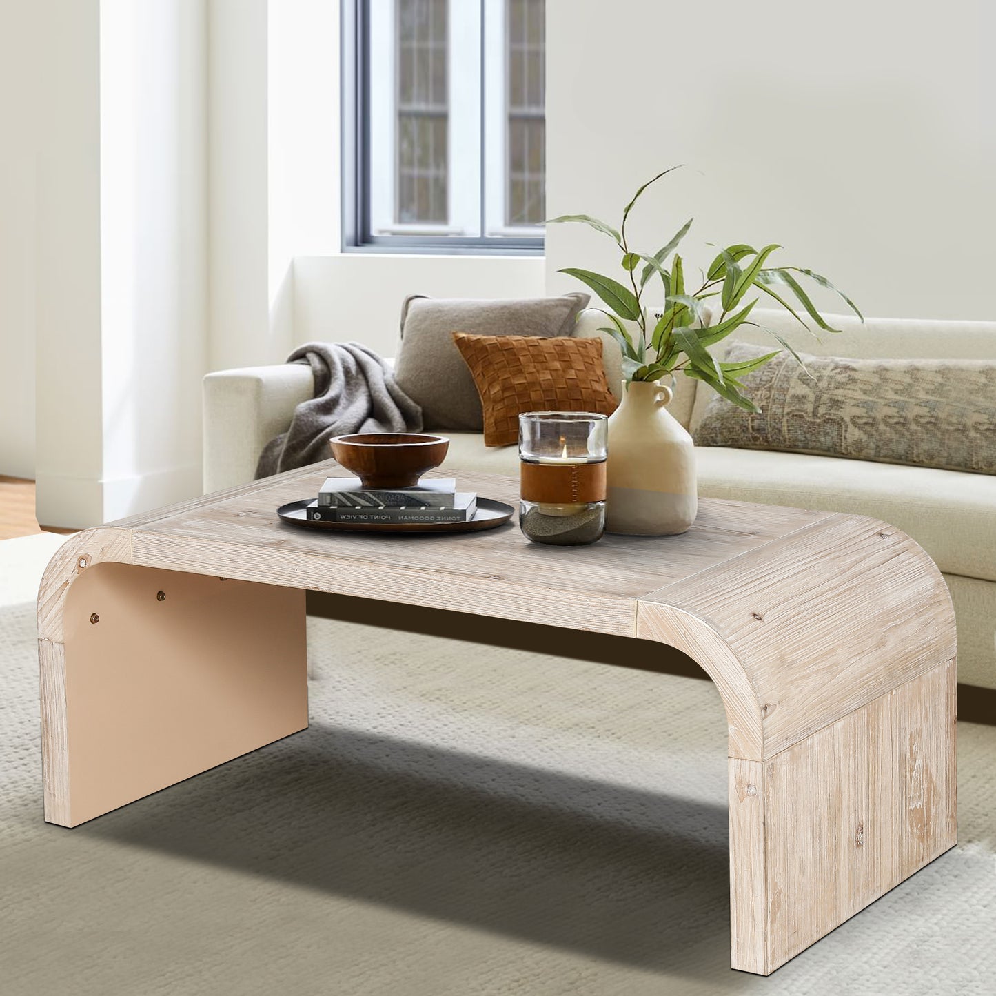 Farmhouse  Vintage Crafts Coffee Table,Curved Art Deco Design, Easy Assembly, 48' W x 24' D x 18' (Antique Natural)  {Old Sku : W1445P214062}