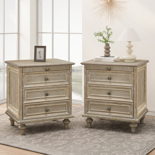 Farmhouse Nightstands Set of 2 with 4 Drawer,Wood Storage End Table with Hidden Pull-Out Shelf, Large Side Table with 4 Solid Wood Feet and Metal Handle,Easy Assembly,Natural