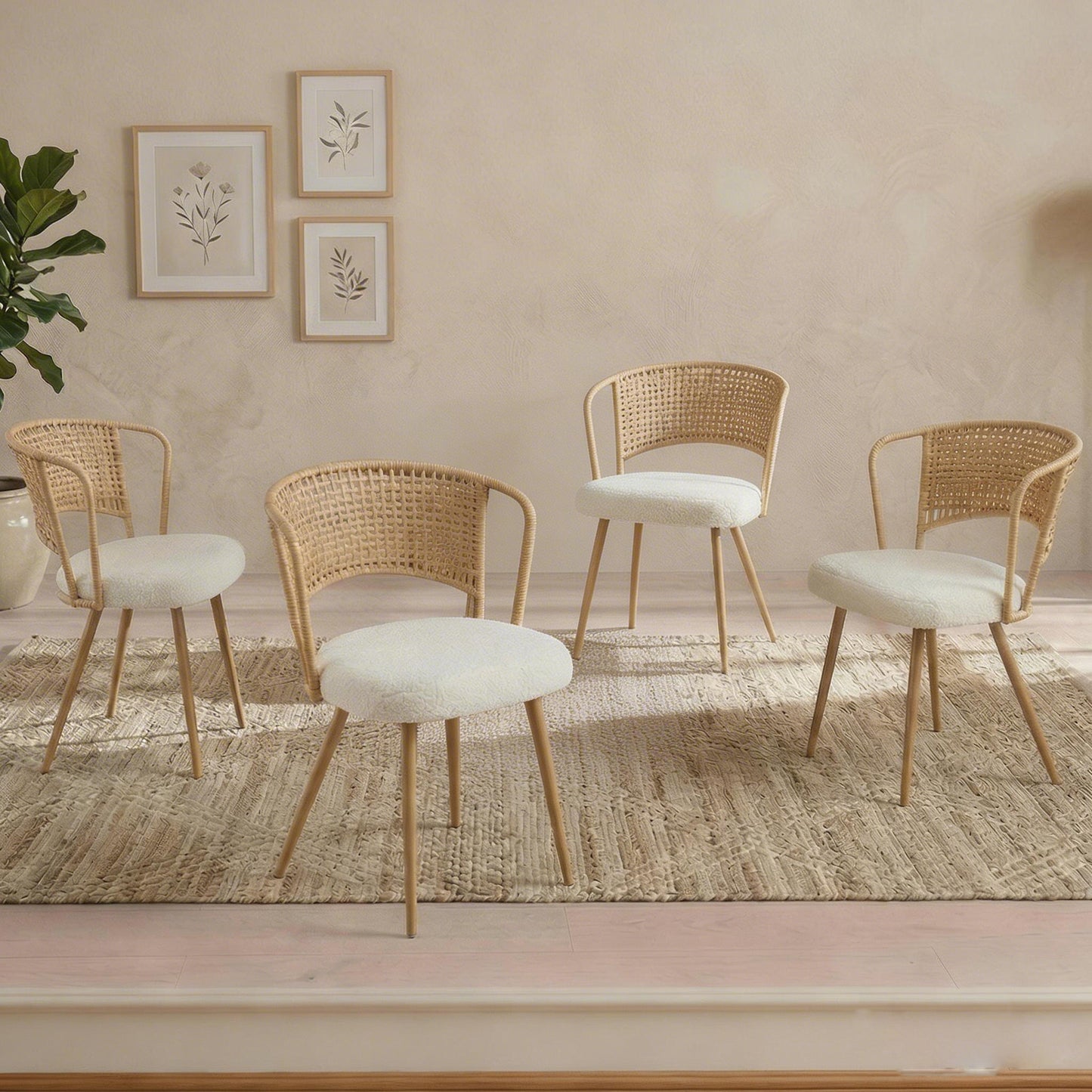 Wicker dining chairs - 4-piece set - Farmhouse soft padded cane back kitchen chair with sponge cushion, wing-back dining chair with metal legs, suitable for home and kitchen (brown)