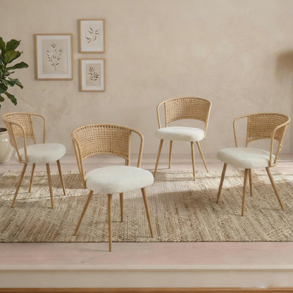 Wicker dining chairs - 4-piece set - Farmhouse soft padded cane back kitchen chair with sponge cushion, wing-back dining chair with metal legs, suitable for home and kitchen (brown)