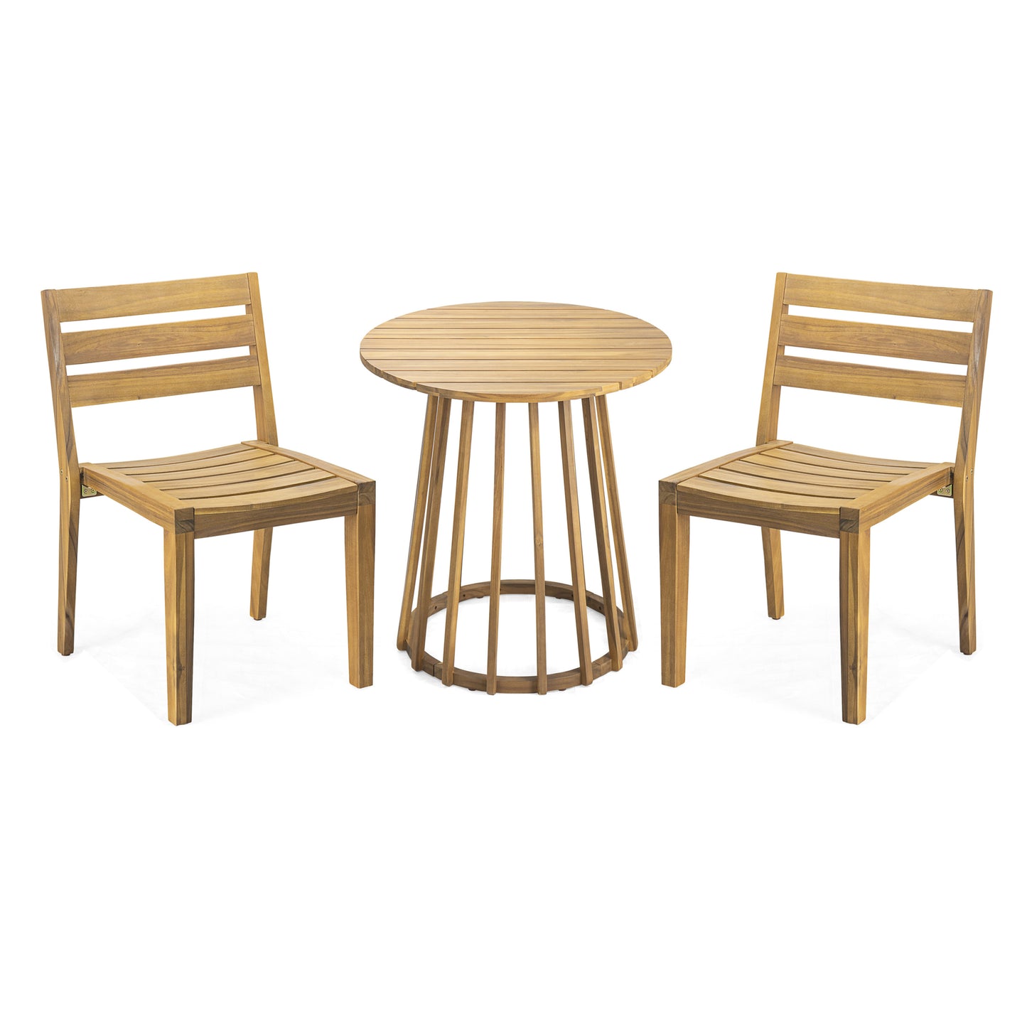 Outdoor 3-Pieces Acacia Wood Dining Set, Round Bistro Set, Teak Finish, Durable Hardwood