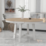 TREXM Farmhouse Round Extendable Dining Table with 16' Leaf Wood Kitchen Table (Oak Natural Wood + Antique White)