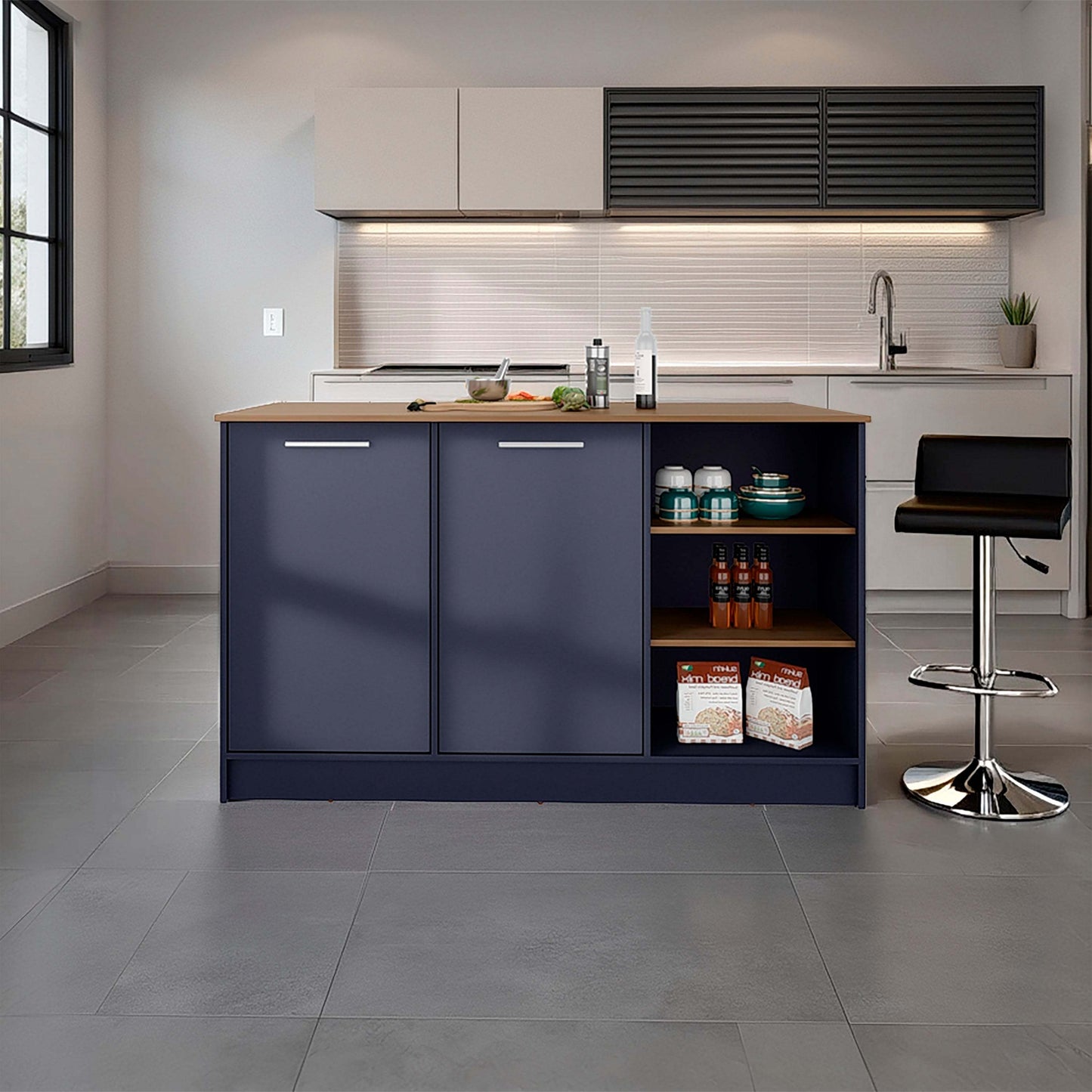 Kronos Blue and Natural Oak Kitchen Island with 2 Doors and Open Storage