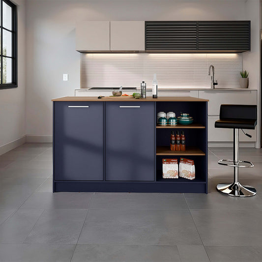 Kronos Blue and Natural Oak Kitchen Island with 2 Doors and Open Storage