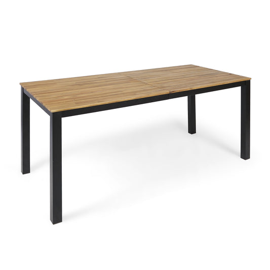 Rectangular Outdoor Dining Table 71'L Teak Acacia Wood Tabletop with Black Iron Legs