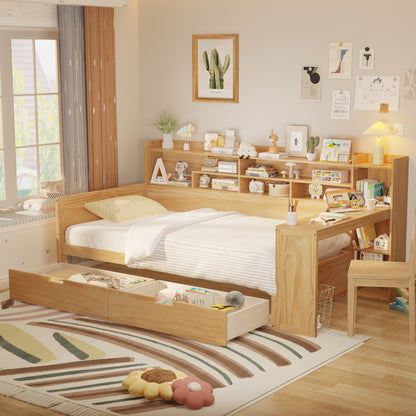 Wooden Twin Size Daybed with Storage Shelves, Multi-functional Bed with 2 Storage Drawers and  Study Desk, Natural (Old SKU: N733S241484M)
