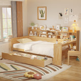 Wooden Twin Size Daybed with Storage Shelves, Multi-functional Bed with 2 Storage Drawers and  Study Desk, Natural (Old SKU: N733S241484M)