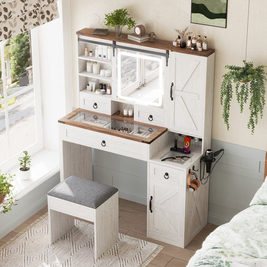 Farmhouse Vanity Desk with Sliding Mirror and Lights, Vanity Set with Glass Top and Charging Station ,Dressing Table with 4 Drawers and 2 Cabinets, Dressing Table with Stool for Bedroom, White