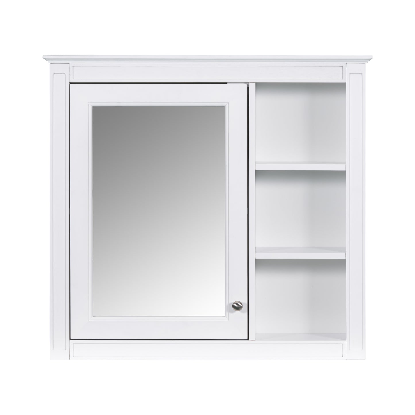 Modern Wall-Mounted Medicine Cabinet with Mirror, 30'' x 28'', White Finish, MDF and Solid Wood Construction, 3 Open Shelves