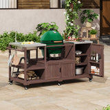 K&K 75.4' Outdoor Kitchen Island with Sink, Solid Wood Outdoor Grill Cart for XL Green Egg Grills, Rolling Outdoor Bar Cart with Stainless Steel Top, for Pizza Prep & BBQ, Brown