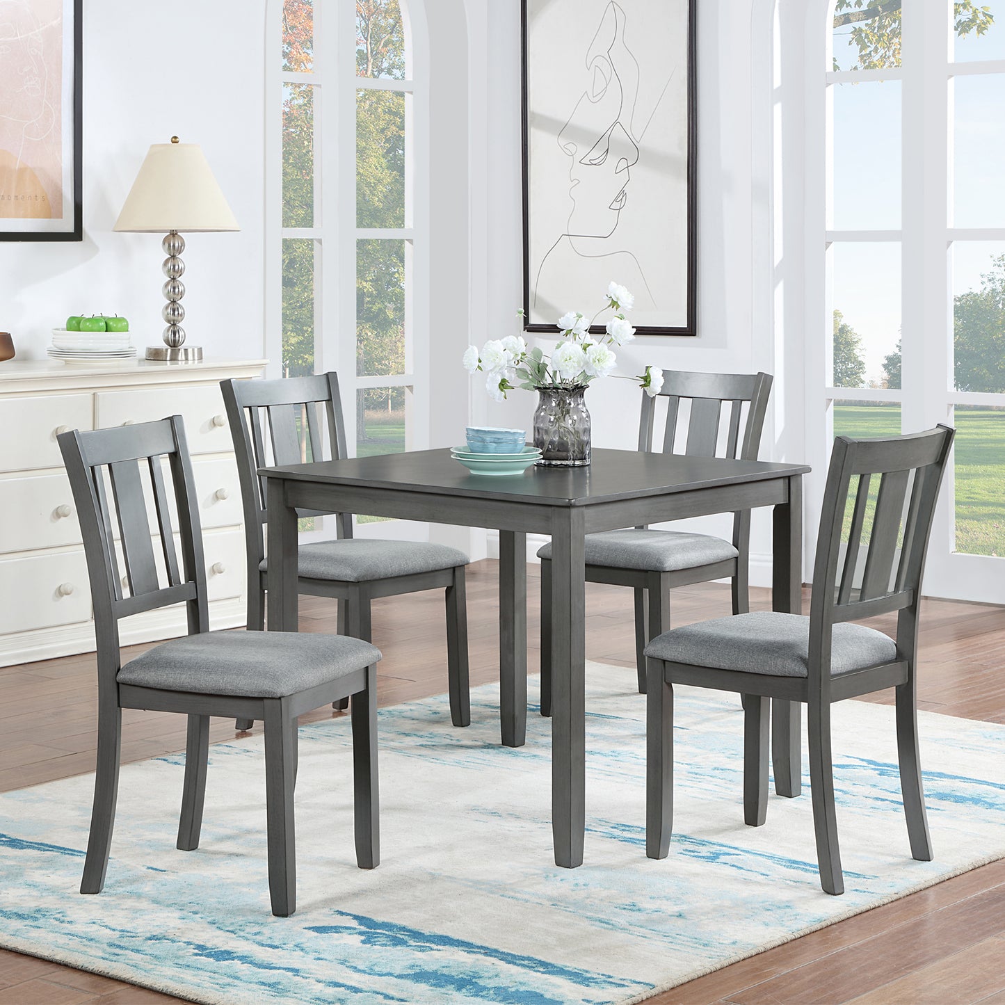 Elegant 5-piece Wooden Dining Table Set with 4 Chairs, Dining Table Set for 4 People, Modern 4 Person Dining Table Set for Living Room, Kitchen and Dining Room, Grey
