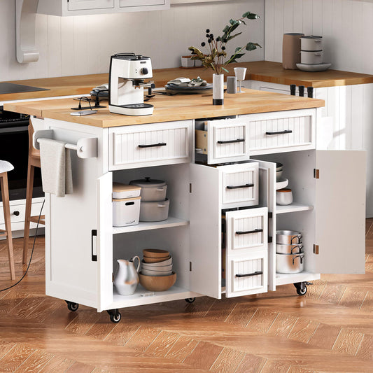 K&K 56.5'' Kitchen Island with Drop Leaf, Power Outlet, Embossed Vertical Stripe Rolling Kitchen Cart on Wheels with 4 Doors , 5 Deep Drawers and Adjustable Shelves, for Kitchen, Dining Room, White