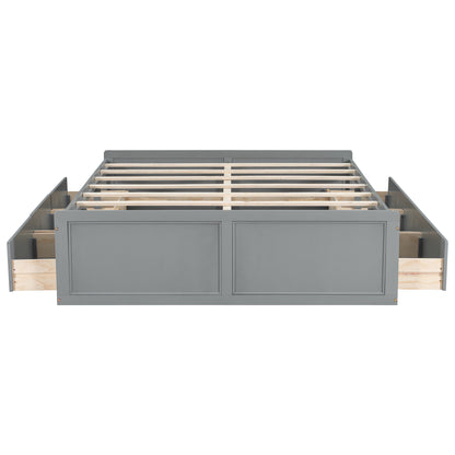 Gray Wood Queen Size Platform Bed Frame with 6 Drawers, Solid Pine Wood+MDF, 81.7''L x 62.2''W x 17.7''H