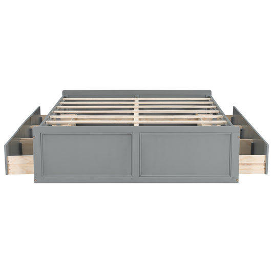 Gray Wood Queen Size Platform Bed Frame with 6 Drawers, Solid Pine Wood+MDF, 81.7''L x 62.2''W x 17.7''H