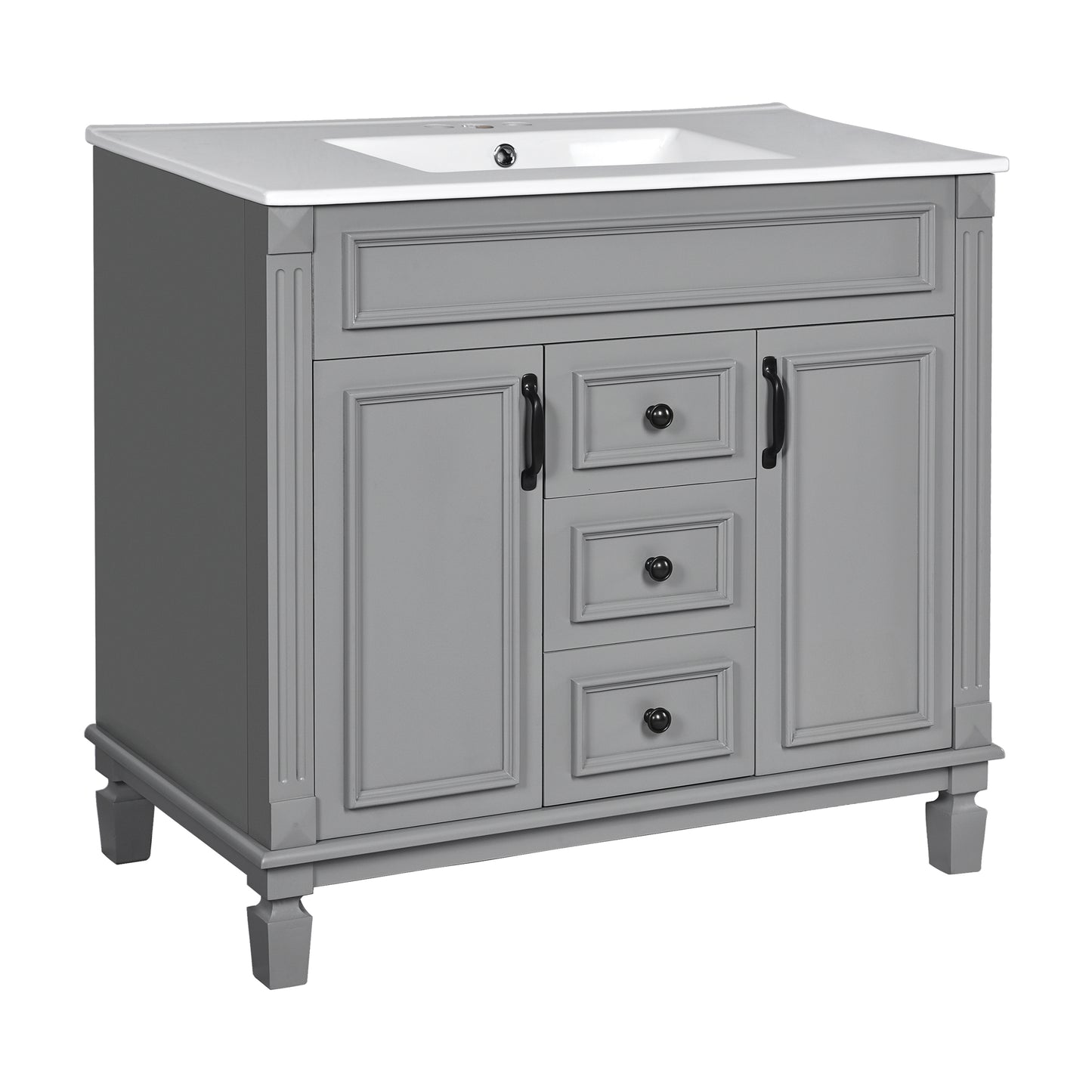 36'' Modern Bathroom Vanity with Top Sink in Grey, Ceramic Basin on Solid Wood Frame MDF Cabinet with 2 Soft-Closing Doors and 2 Drawers