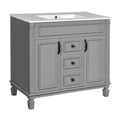 36'' Modern Bathroom Vanity with Top Sink in Grey, Ceramic Basin on Solid Wood Frame MDF Cabinet with 2 Soft-Closing Doors and 2 Drawers