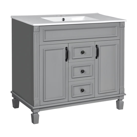36'' Modern Bathroom Vanity with Top Sink in Grey, Ceramic Basin on Solid Wood Frame MDF Cabinet with 2 Soft-Closing Doors and 2 Drawers