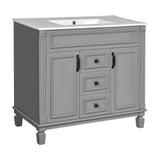 36'' Modern Bathroom Vanity with Top Sink in Grey, Ceramic Basin on Solid Wood Frame MDF Cabinet with 2 Soft-Closing Doors and 2 Drawers