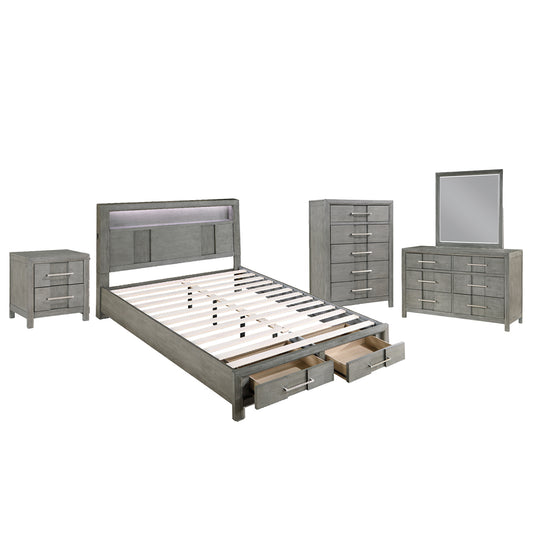 KENZO Modern Queen 5-Piece Storage Bedroom Set in Gray Finish with LED Headboard, Bluetooth Speakers, USB Ports, Dresser, Mirror, Nightstand and Chest
